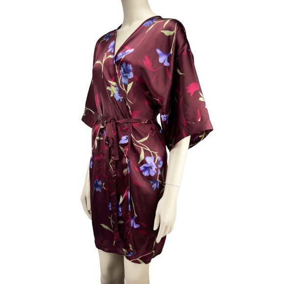 FASHION BUG Floral Red Kimono Robe Satin Knees Long Burgundy Color sz M - Picture 2 of 6
